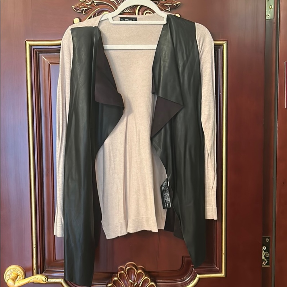 Zara small black/beige faux leather/knit cardigan